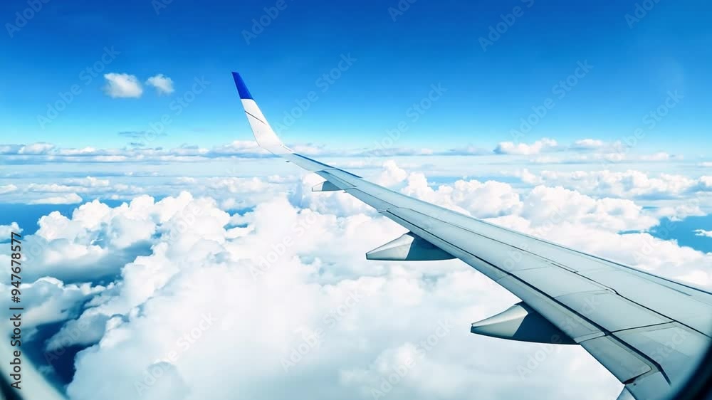 An airplane window at an empty passenger seat in the airplane cabin zoomed out onto the airplane wing. An airplane window at an empty passenger seat in the airplane cabin zoomed out onto the airplane wing.