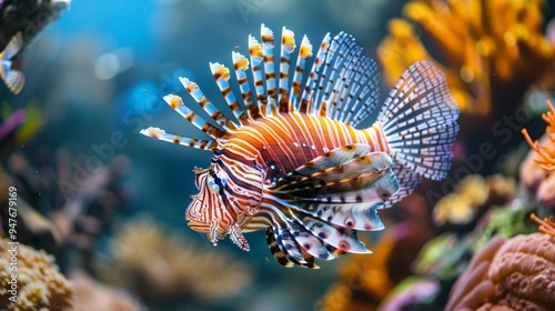 A vibrant lionfish displaying its striking fins in the coral reef