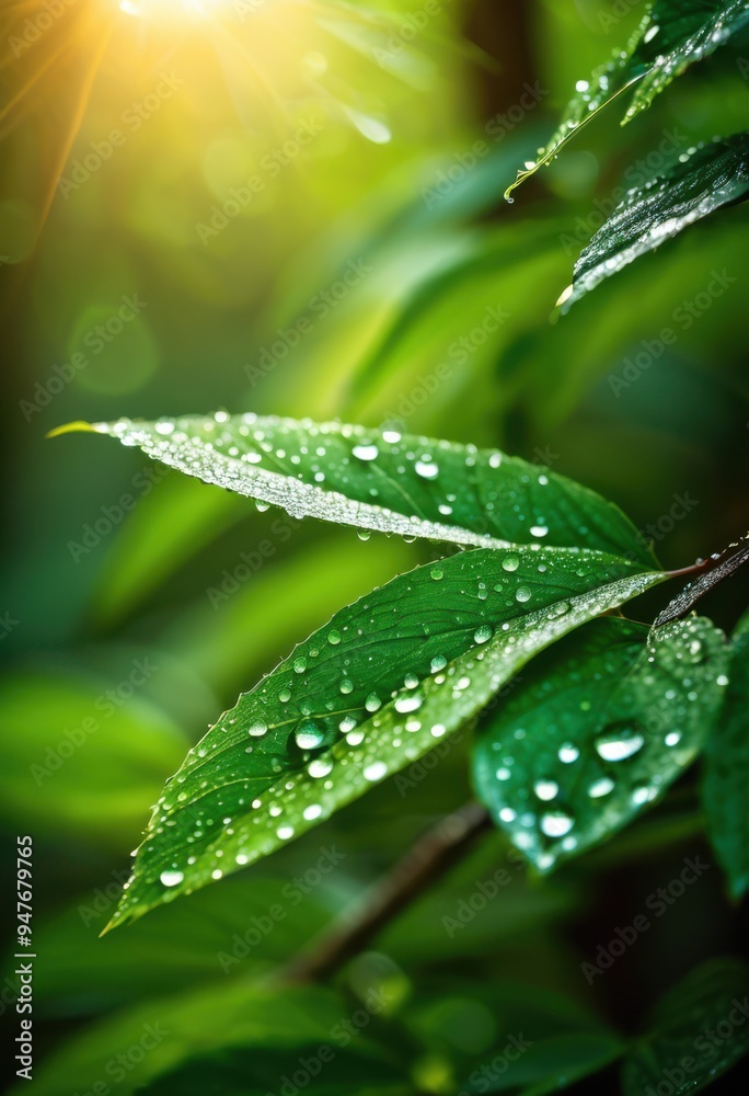 lush green forest foliage adorned sparkling dew drops glistening sunlight, vibrant, greenery, leaves, sparkle, outdoor, flora, plant, tree, landscape, beauty