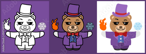 Bear Magician cartoon character set outline coloring flat vector illustration