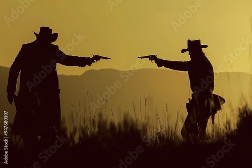 ai generative silhouette of cowboy duel at sunset