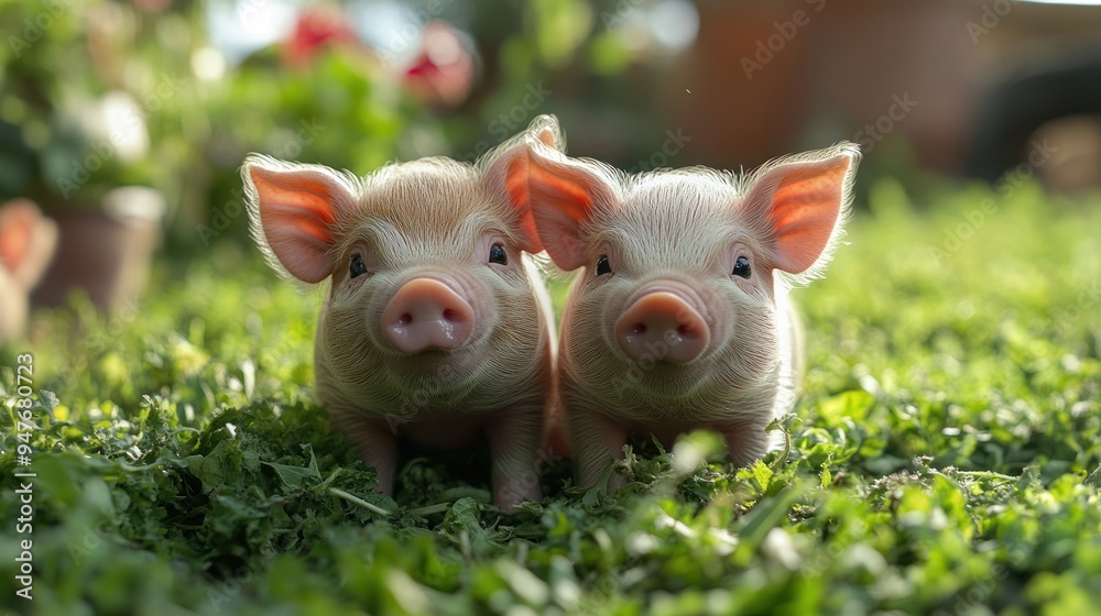 Two cute piglets standing on grass in a sunny environment. Two cute piglets standing on grass in a sunny environment.