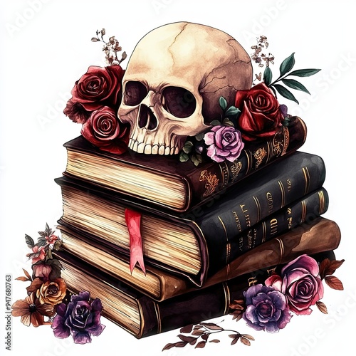 Skull on vintage books with floral arrangement, A human skull resting on a stack of antique books adorned with vibrant flowers, blending dark gothic and elegant floral themes.
