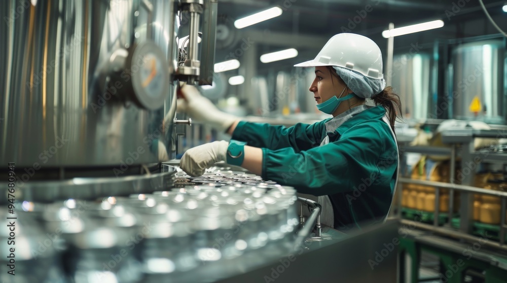 A worker in a safety uniform operating a large canning machine in a food production facility A worker in a safety uniform operating a large canning machine in a food production facility