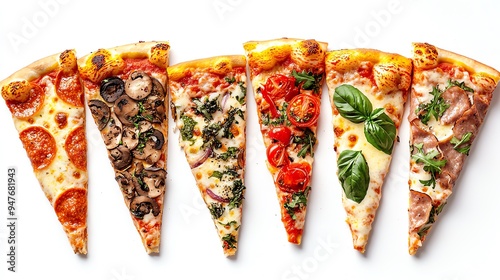 A variety of delicious pizza slices showcasing toppings like pepperoni, mushrooms, basil, and more on a white background. photo