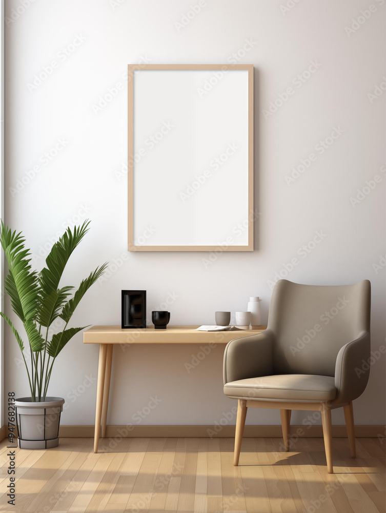 A simple and minimalist black frame mockup leans against the wall of an office. Generative ai A simple and minimalist black frame mockup leans against the wall of an office. Generative ai