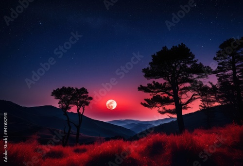 stunning red moonrise illuminating serene landscape under starry sky silhouetted trees gentle hills, stars, nature, night, illumination, scenery, view