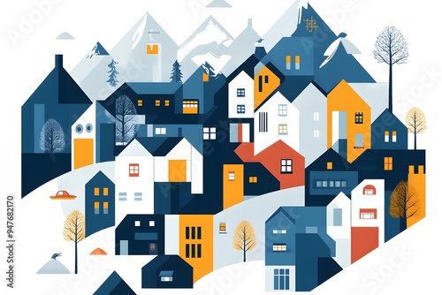 Abstract Illustration of a Winter Village with Houses and Mountains