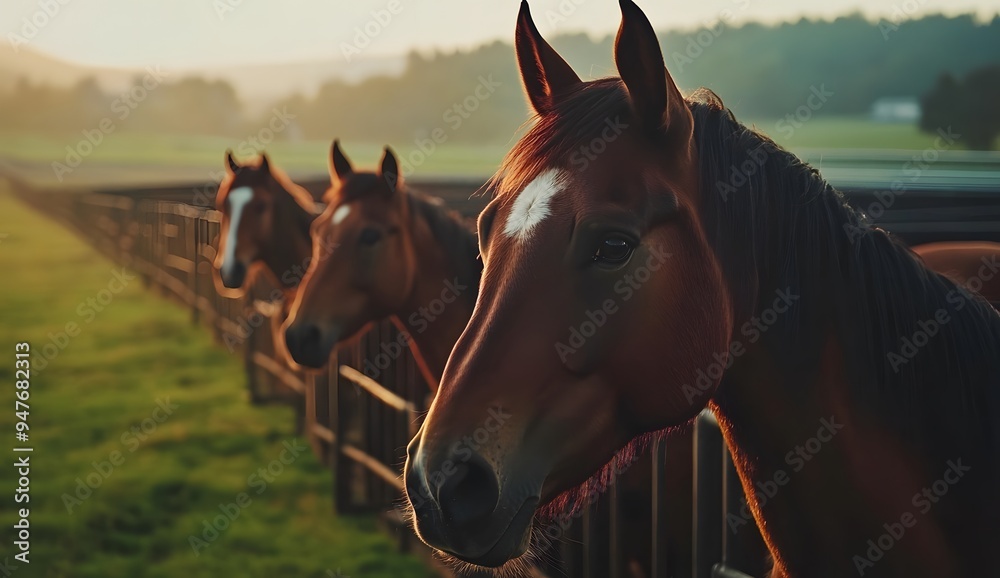 Obraz premium Horses in the stables at dawn, ready for race day on the horse racing track. Close-up of horses' heads and necks