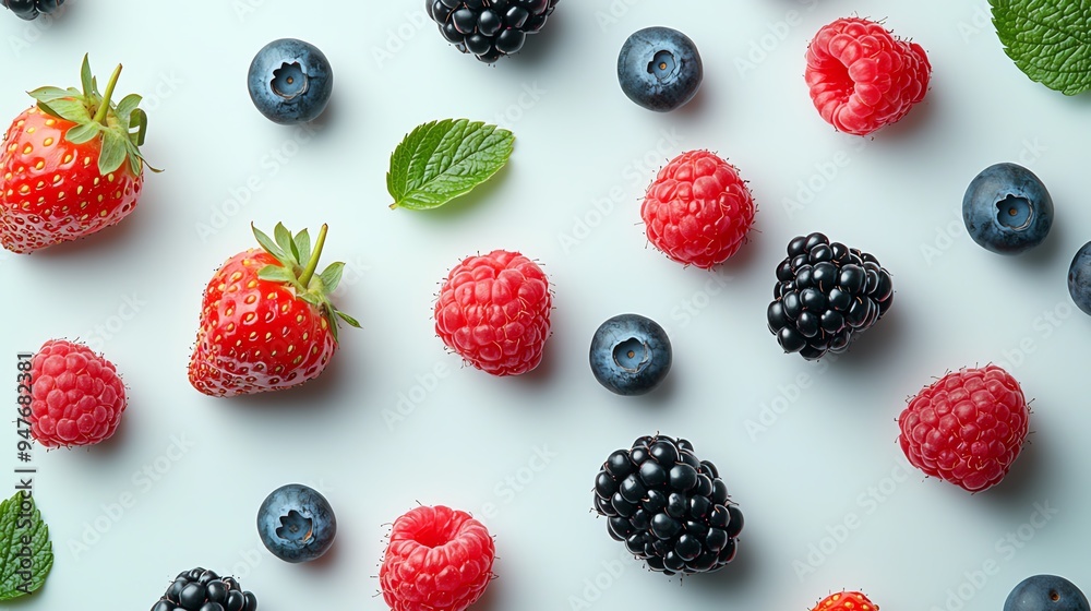 A vibrant assortment of fresh berries on a light background, showcasing strawberries, raspberries, blackberries, and blueberries. A vibrant assortment of fresh berries on a light background, showcasing strawberries, raspberries, blackberries, and blueberries.