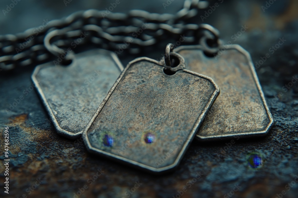 Obraz premium Vintage military dog tags a captivating photography perspective on history and heritage