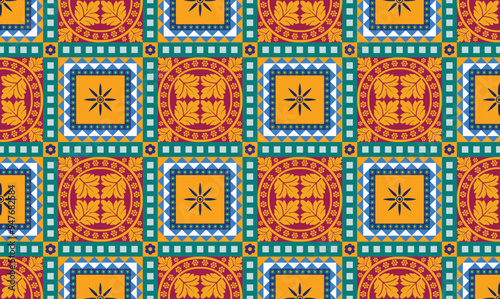Repeat  colorful patchwork. folk design, Traditional hand drawn print. tile seamless pattern. tiles spain print, Vintage multi color, Hand drawn background. Arabic, Indian, Ottoman motifs