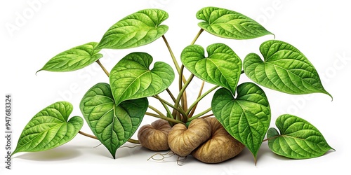 Whimsical illustration of a larger-leaved wild yam, its sprawling vines and heart-shaped leaves entwined in a carefree dance across a sun-kissed meadow. photo