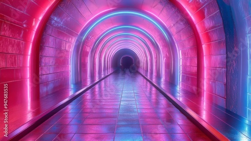 Futuristic Neon Corridor with Glowing Arches and Reflective Tiles