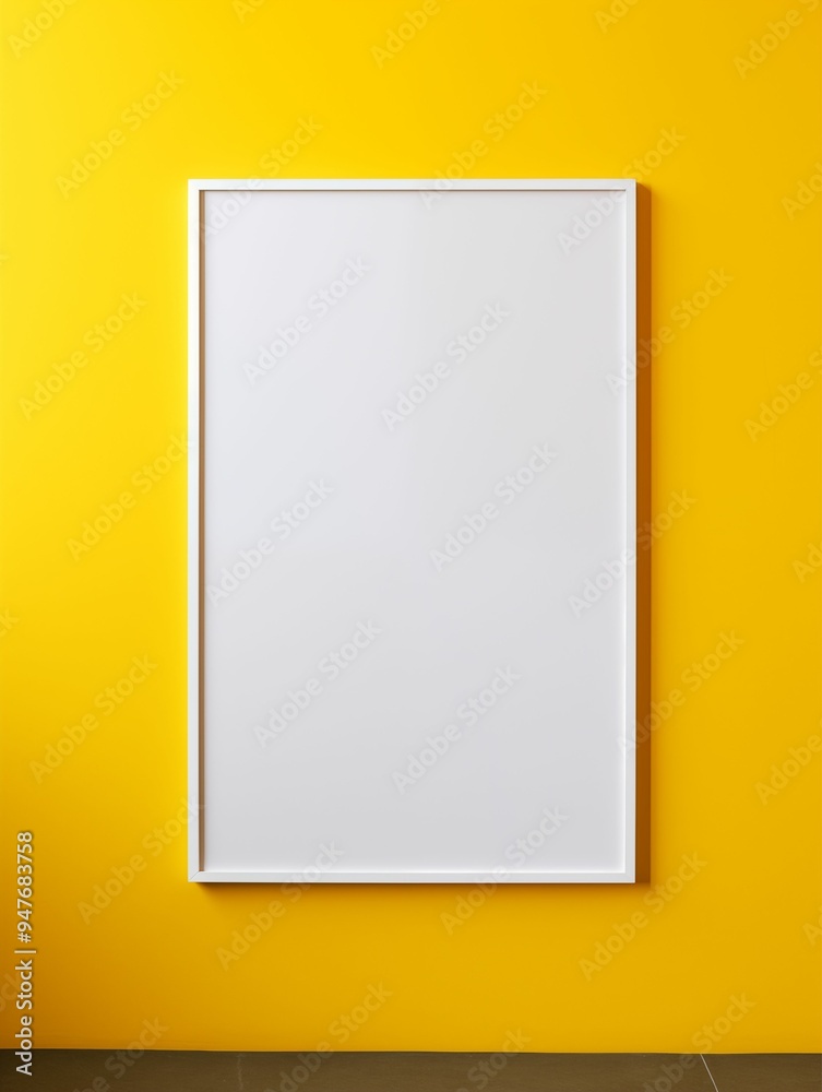 Empty vertical white photo frame isolated on a yellow wall. Generative ai Empty vertical white photo frame isolated on a yellow wall. Generative ai