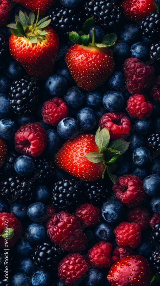 Colorful Background of Fresh Berries: Strawberries, Blueberries, Raspberries, and Blackberries