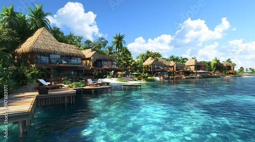 169. "A stunning 3D model of a luxury resort with overwater bungalows, crystal-clear water, and breathtaking views