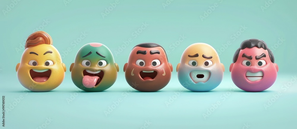 Create an expressive collection of emoji faces, using smooth textures and vivid colors for mobile apps.