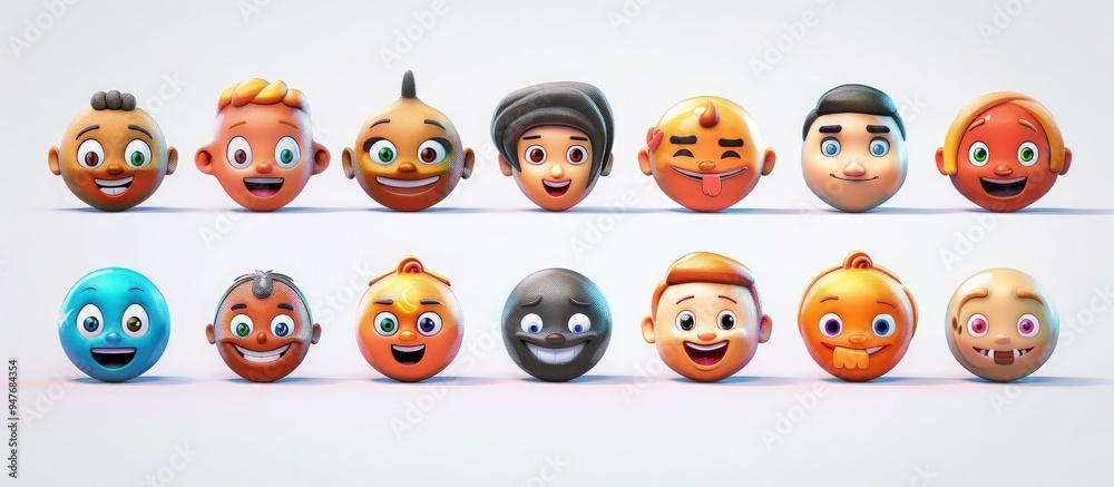 Create an expressive collection of emoji faces, using smooth textures and vivid colors for mobile apps. Create an expressive collection of emoji faces, using smooth textures and vivid colors for mobile apps.