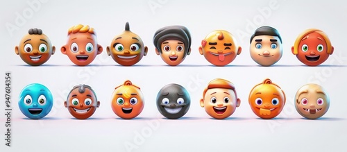 Create an expressive collection of emoji faces, using smooth textures and vivid colors for mobile apps.