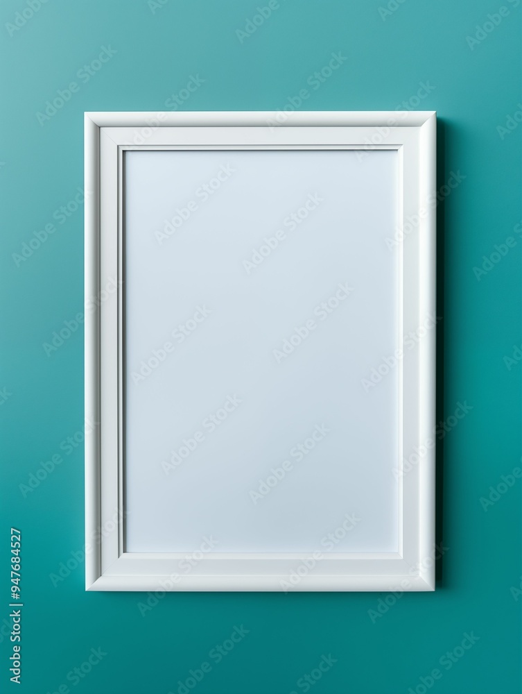 Empty white photo frame isolated on a blue wall. Generative ai Empty white photo frame isolated on a blue wall. Generative ai