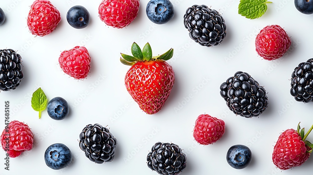 Vibrant assortment of berries including strawberries, blueberries, raspberries, and blackberries on a clean white background.