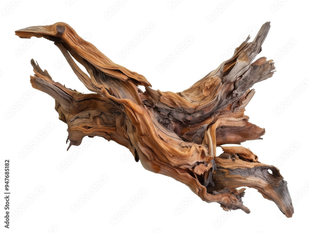 Fototapeta premium A piece of intricately shaped driftwood, showcasing natural textures and colors.