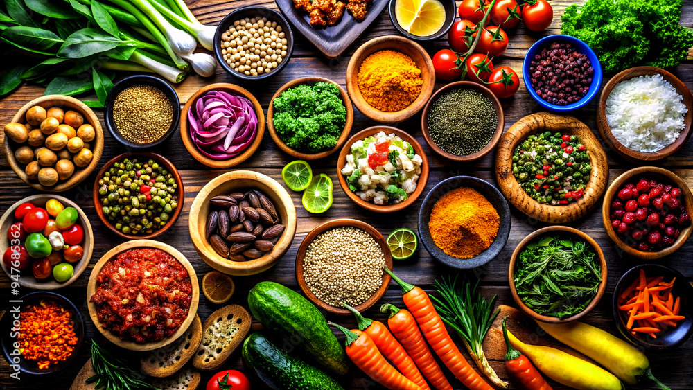 Fototapeta premium Colorful raw fruits and vegetables varied vegan food, vivid rainbow arrangement