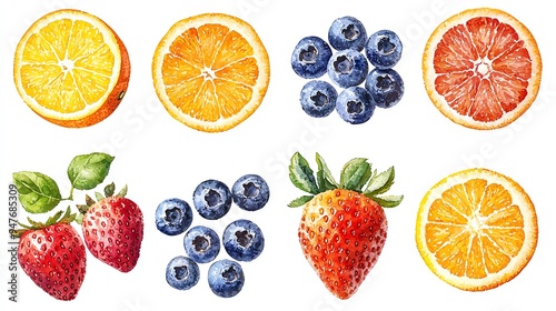 Vibrant illustration of fresh fruits showcasing oranges, strawberries, and blueberries, perfect for health and food themes.