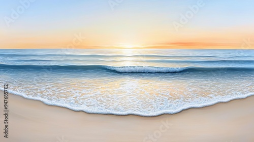Sunset beach with the sky reflecting in the ocean, a beautiful fusion of warm colors blending into cool blues, tranquil seascape