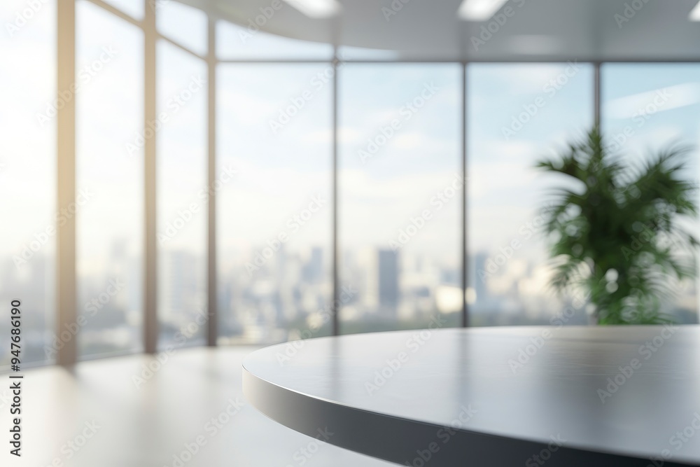 Fototapeta premium A beautiful blurred background of a conference room with a round table and large panoramic windows. Interior of a modern office out of focus with generative ai
