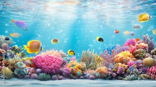 Underwater scene with glowing coral reefs and schools of fish, a vivid color fusion creating a magical aquatic background, marine life