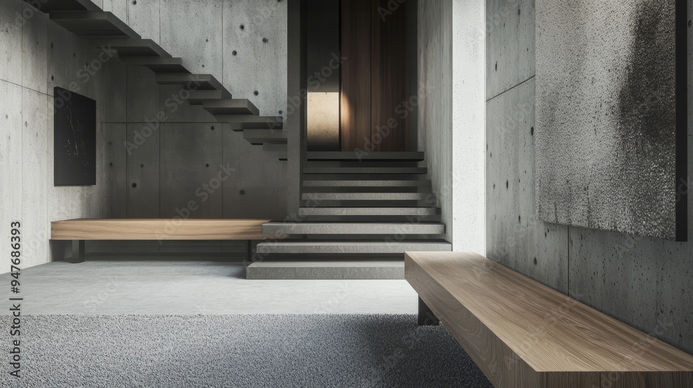 Minimalist porch, aisle, shoe stool, wood grain furniture, stairs, entry, entrance, modern, space, gray and white tones, create, elegant atmosphere, warm, quiet sense, simple walls, minimalism, aesthe Minimalist porch, aisle, shoe stool, wood grain furniture, stairs, entry, entrance, modern, space, gray and white tones, create, elegant atmosphere, warm, quiet sense, simple walls, minimalism, aesthe