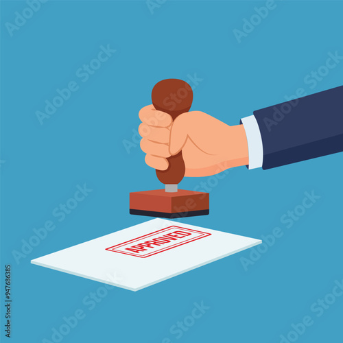 Hand is stamping a red seal that says approved vector illustration