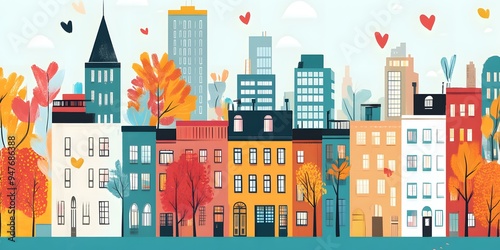 Colorful Cityscape with Autumn Trees and Hearts