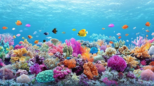 Underwater scene with glowing coral reefs and schools of fish, a vivid color fusion creating a magical aquatic background, marine life