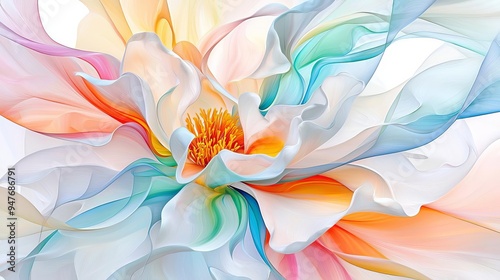 Vibrant floral arrangement with petals merging into a swirl of colors, artistic fusion of nature and abstract patterns, blooming life
