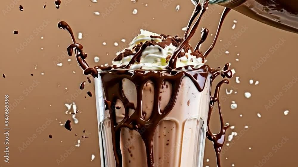 Glass of chocolate milkshake pouring and splashing.
