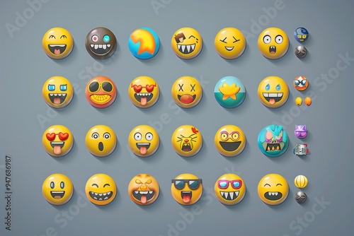 Craft a set of modern, stylized emoji icons with unique reactions, perfect for enhancing user interaction on digital platforms.