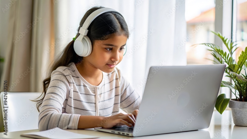 Indian Asian girl focused on her laptop with headphones on, studying at home.
Indian Asian girl focused on her laptop with headphones on, studying at home.