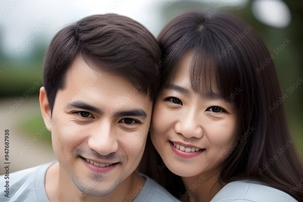 a portrait of a happy attractive middle aged Asian couple in love, smiling, romantic, relationship, joyful, connected, serene, affectionate, intimate, cozy, warm, gentle, content, caring, close a portrait of a happy attractive middle aged Asian couple in love, smiling, romantic, relationship, joyful, connected, serene, affectionate, intimate, cozy, warm, gentle, content, caring, close