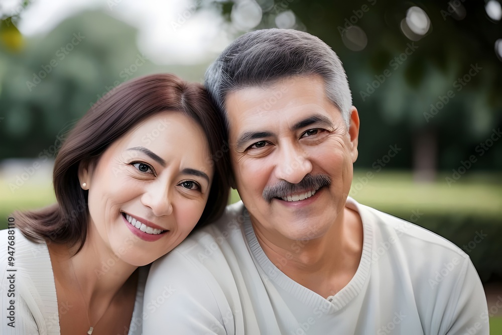 a portrait of a happy attractive middle aged Asian couple in love, smiling, romantic, relationship, joyful, connected, serene, affectionate, intimate, cozy, warm, gentle, content, caring, close a portrait of a happy attractive middle aged Asian couple in love, smiling, romantic, relationship, joyful, connected, serene, affectionate, intimate, cozy, warm, gentle, content, caring, close