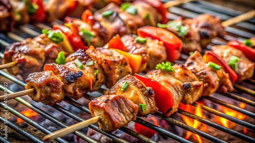 Grilled meat skewers on a grill