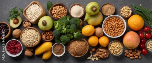 A Diverse Array of Healthy Foods in Bowls and Scattered on a Gray Surface