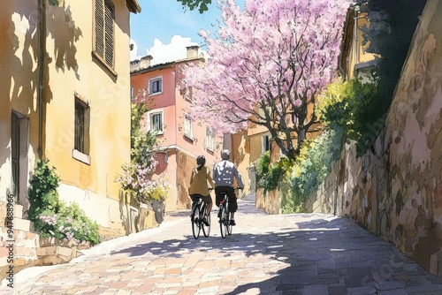 Wallpaper Mural Watercolor Cartoon of Couple Riding Bicycles Through Charming Village Torontodigital.ca
