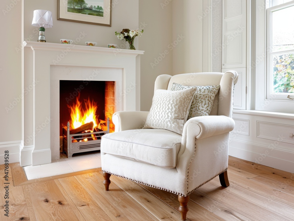 Fototapeta premium Cozy Living Room with Armchair and Fireplace