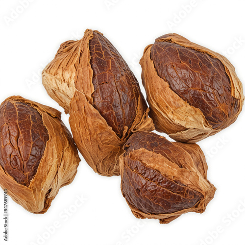 Raw Trifola or Terminalia chebula fruit, isolated on white background photo