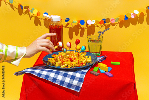 Hand of woman picking up french fries from plate against yellow background