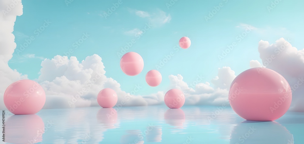 3D render of pastel blue, pink spheres floating in the air above an icy lake 3D render of pastel blue, pink spheres floating in the air above an icy lake