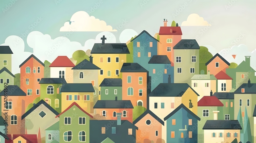 Colorful Illustration of a Small Town with Houses and Buildings Colorful Illustration of a Small Town with Houses and Buildings